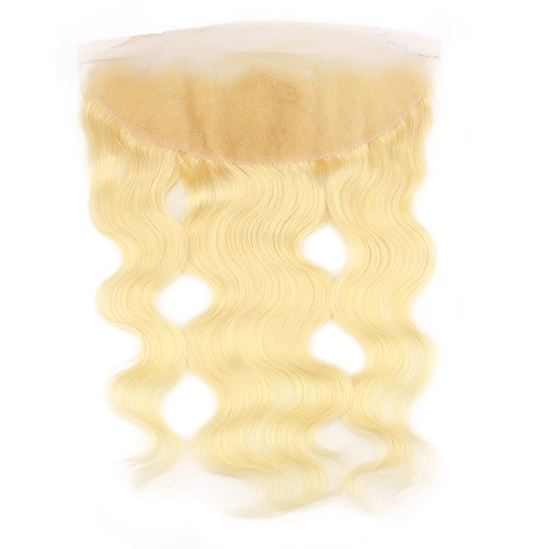 Luxurious 613 virgin hair body wave 13*4 transparent lace frontal, showcasing lustrous blonde waves perfect for creating versatile and glamorous hairstyles, ideal for a stunning transformation.
