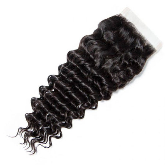 Premium virgin hair deep wave with a transparent lace closure in natural color 1B, offering a blend of elegance and natural wave, ideal for creating luxurious and seamless hairstyles.