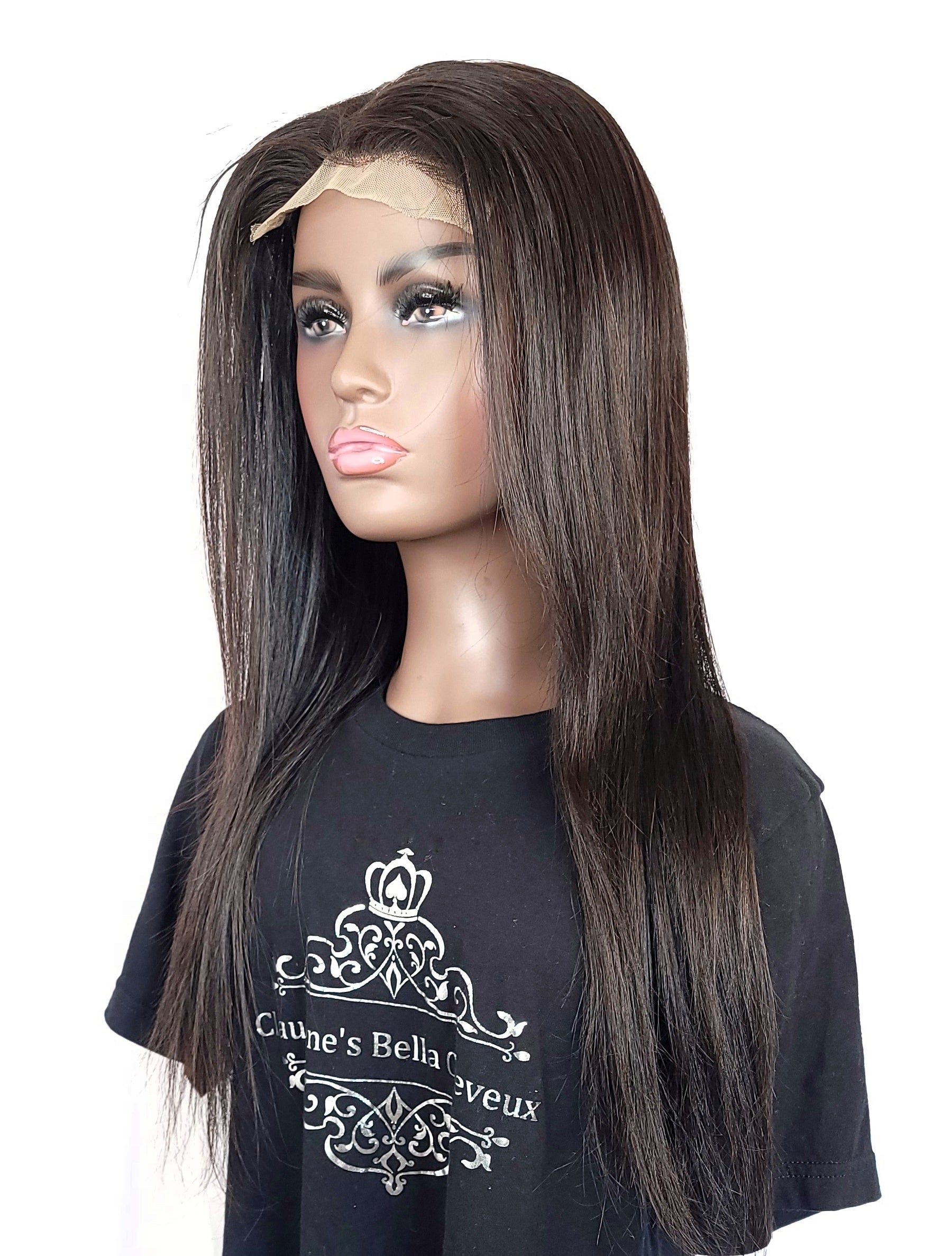 Premium luxury virgin human hair wig with a sleek, straight style and a versatile 5x5 closure, offering a natural and sophisticated look.