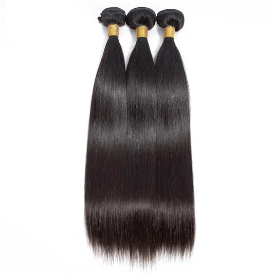 Virgin hair straight bundles in a natural 1B color, featuring a sleek and smooth texture with a lustrous finish, perfect for versatile styling options.